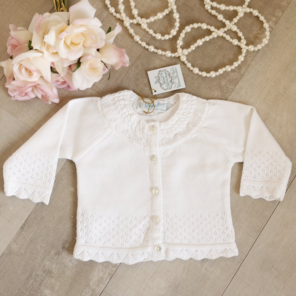 White 100% Cotton Pointelle Cardigan Sweater Newborn Feltman Brothers NWT